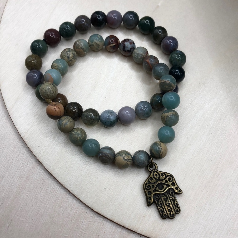 Curated bundle 2 stone gemstone bead roll on bracelets hamsa charm-boho